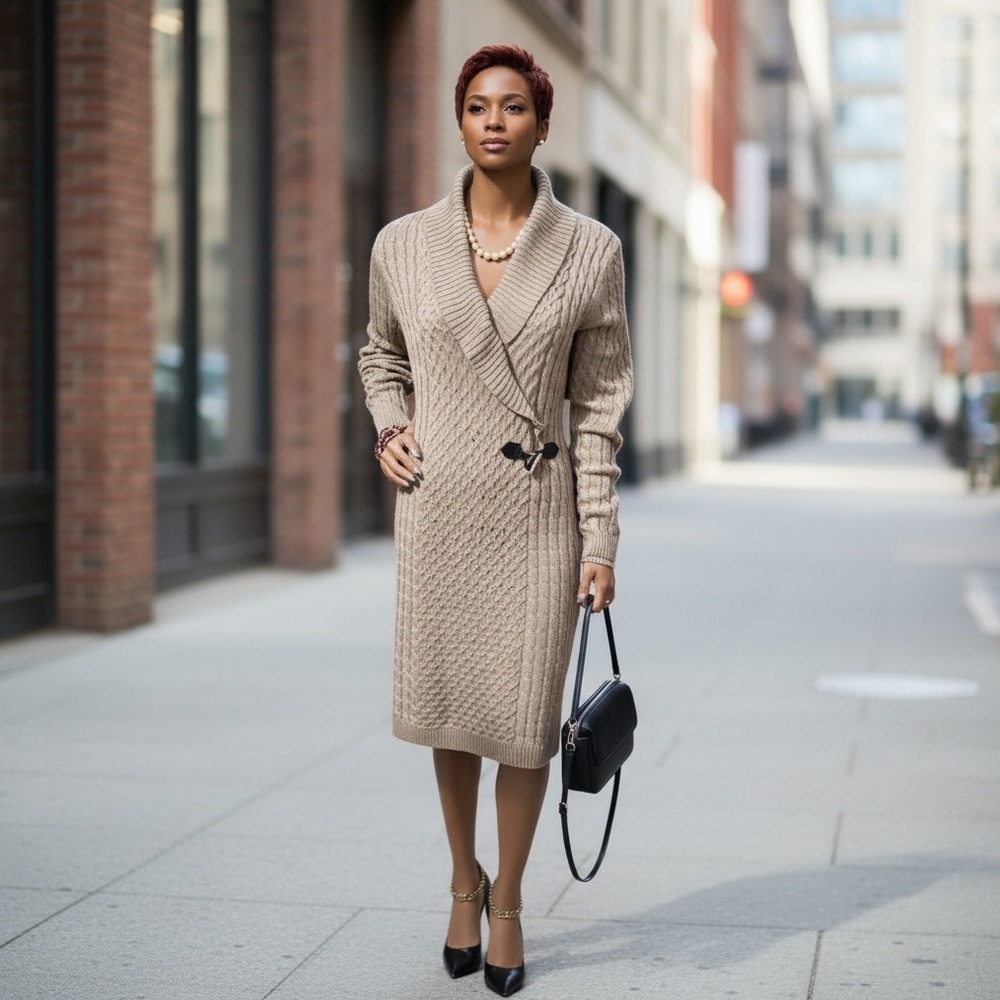 Chic Beige Cable Knit Sweater Dress☑️